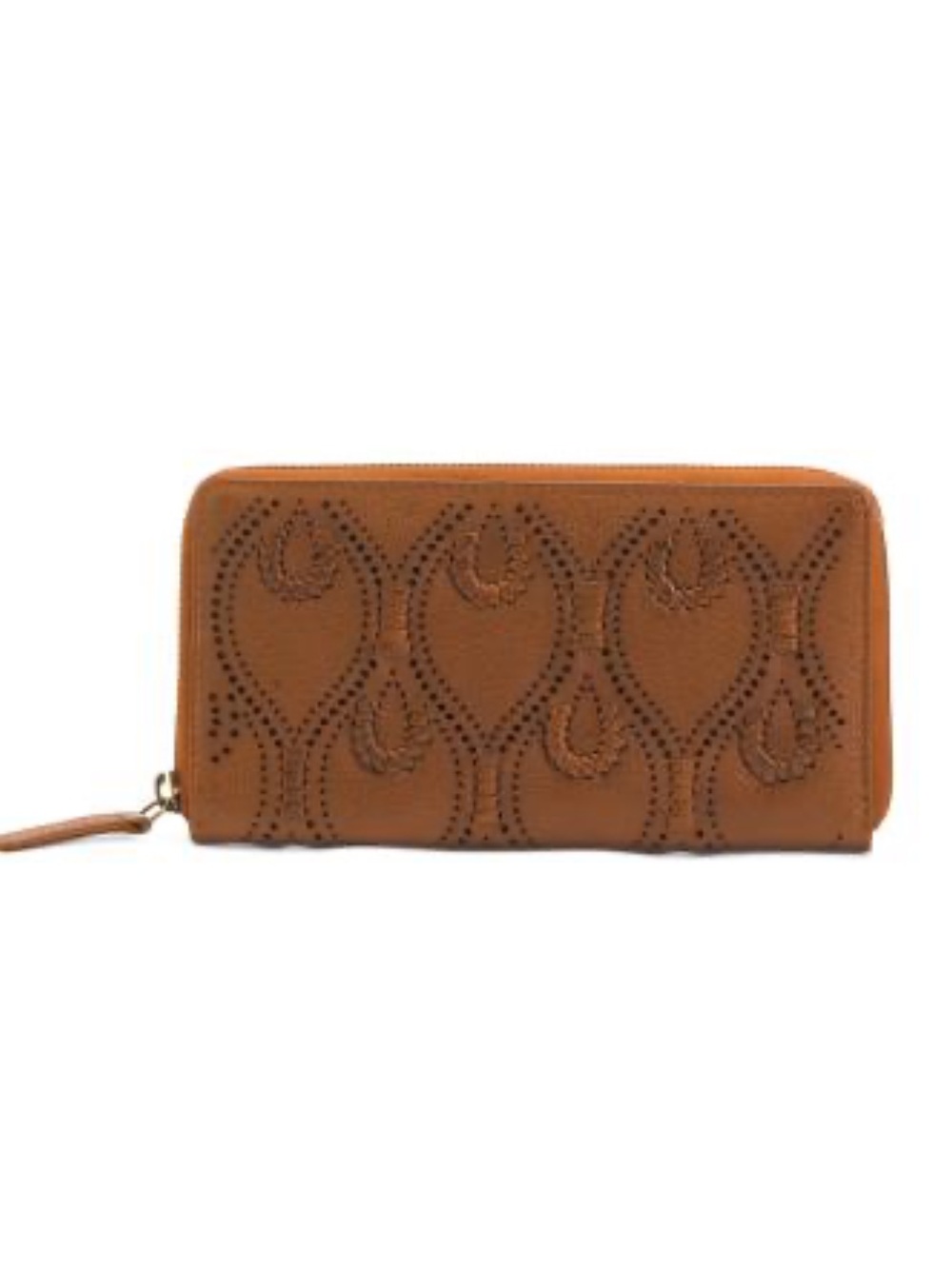 VILENCA Cognac Leather Large Zip Round Peacock Stitch Wallet